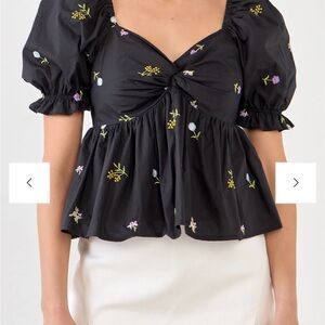 English Factory Black Floral Embroidered Blouse Plus Size 2x, Puff Sleeves
